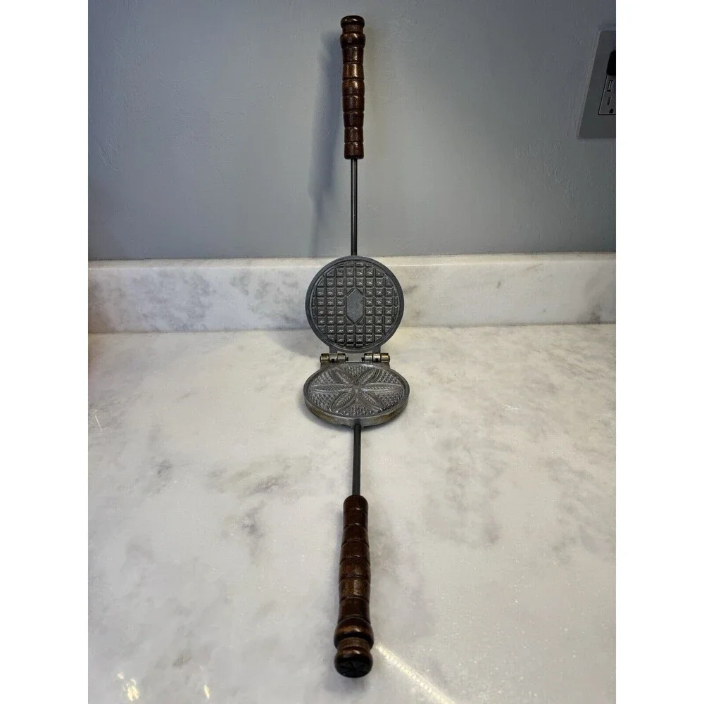 Vintage Cast Aluminum Cookie Press Mold Waffle with Iron and Wood Handle